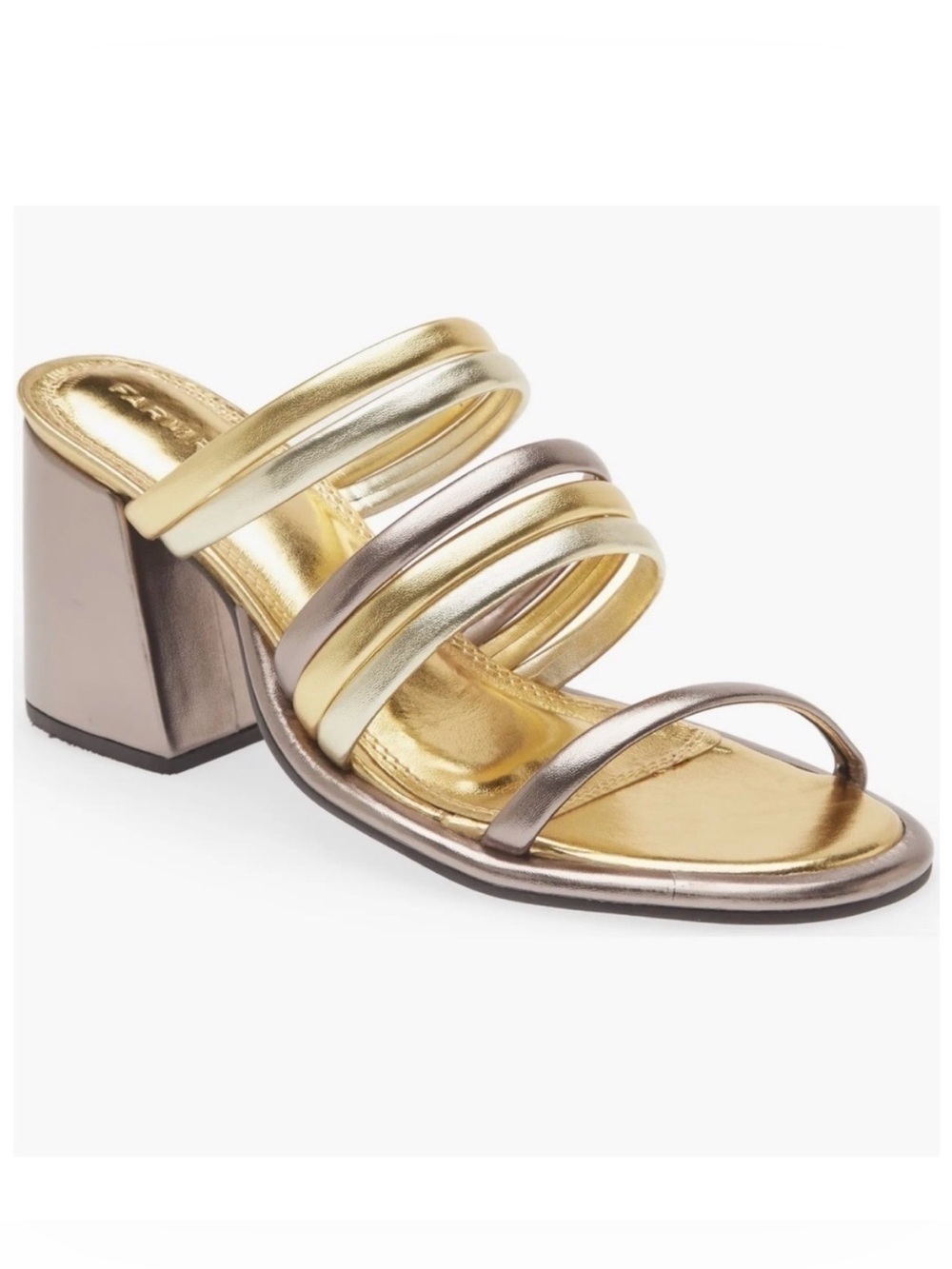 FARM Rio Gold and Pewter Metallic Strappy Block Heel Sandal